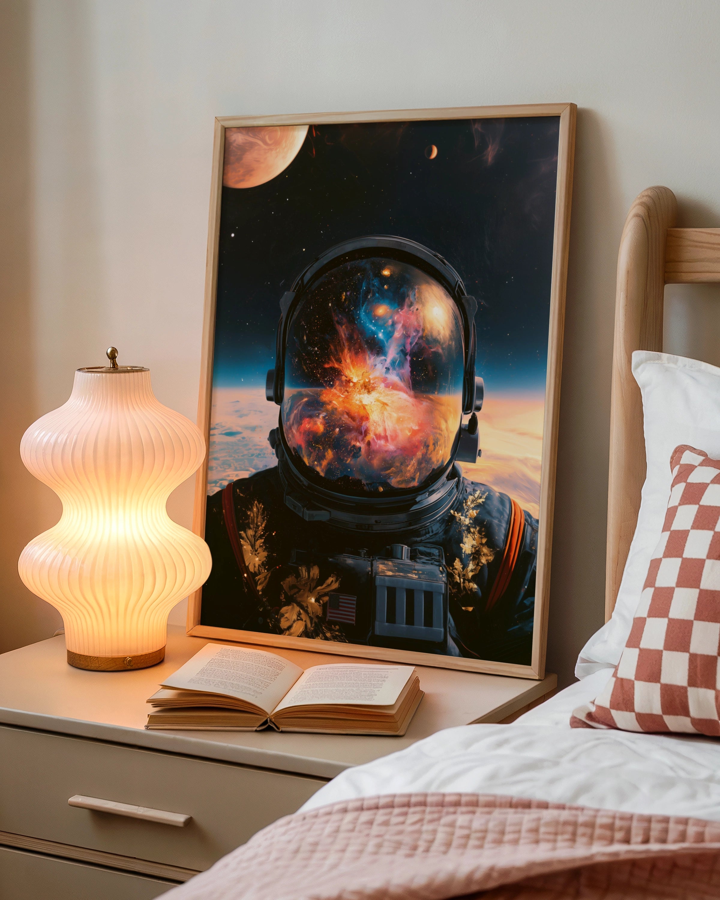 Astronaut Abstract Space Poster, Nebula Galaxy Helmet Reflection, Modern Wall Art