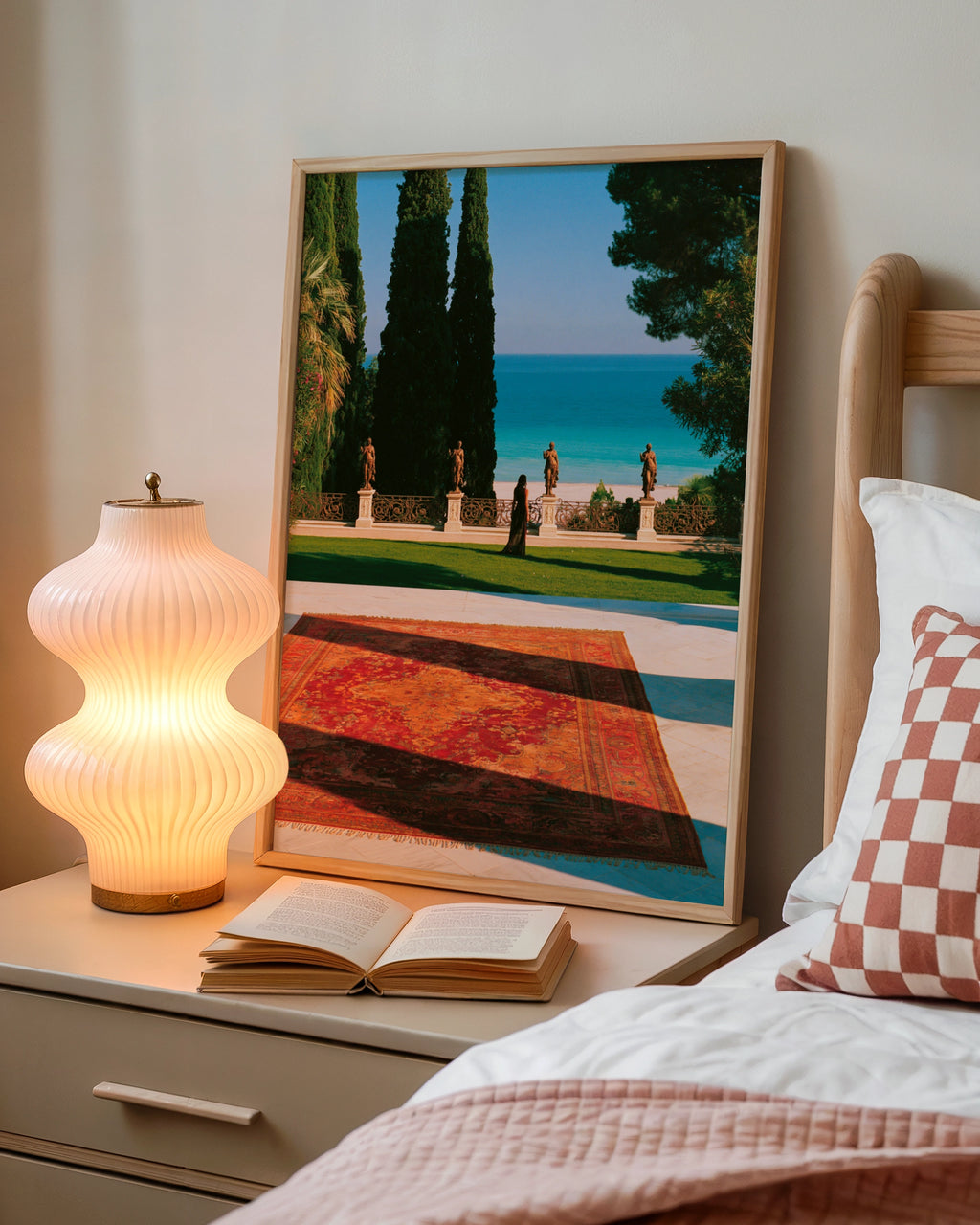 Italian Villa Statues Woman Ocean View Poster, Mediterranean Wall Art Print
