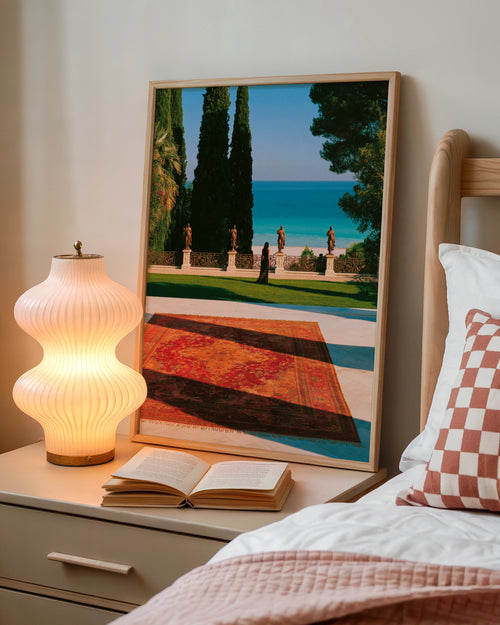 Italian Villa Statues Woman Ocean View Poster, Mediterranean Wall Art Print