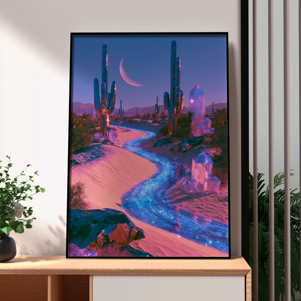 Crystal Desert Cactus Wall Art Poster, Surreal Moonlit Fantasy Print