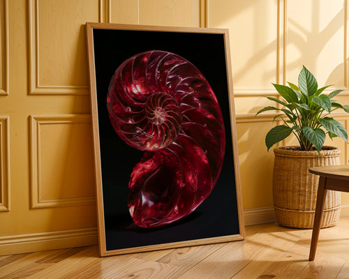 Red Nautilus Shell Poster, Spiral Fibonacci Art Print, Bold Nature Wall Art