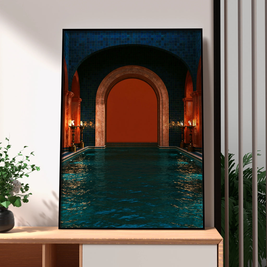 Roman Frigidarium Pool Print, Ancient Bathhouse Poster, Orange Flames Art