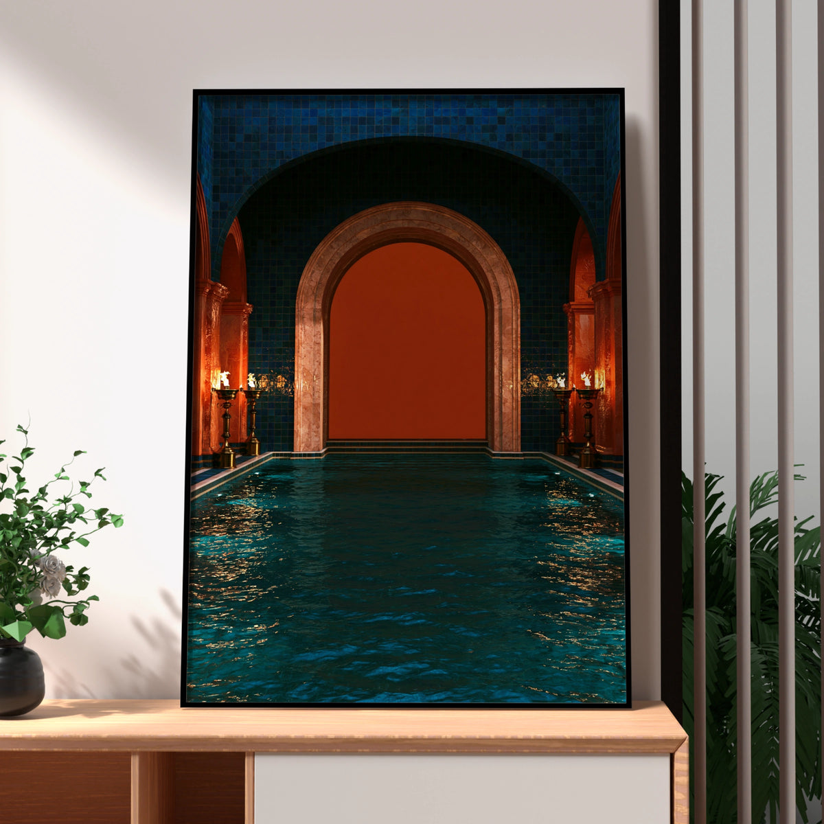 Roman Frigidarium Pool Print, Ancient Bathhouse Poster, Orange Flames Art
