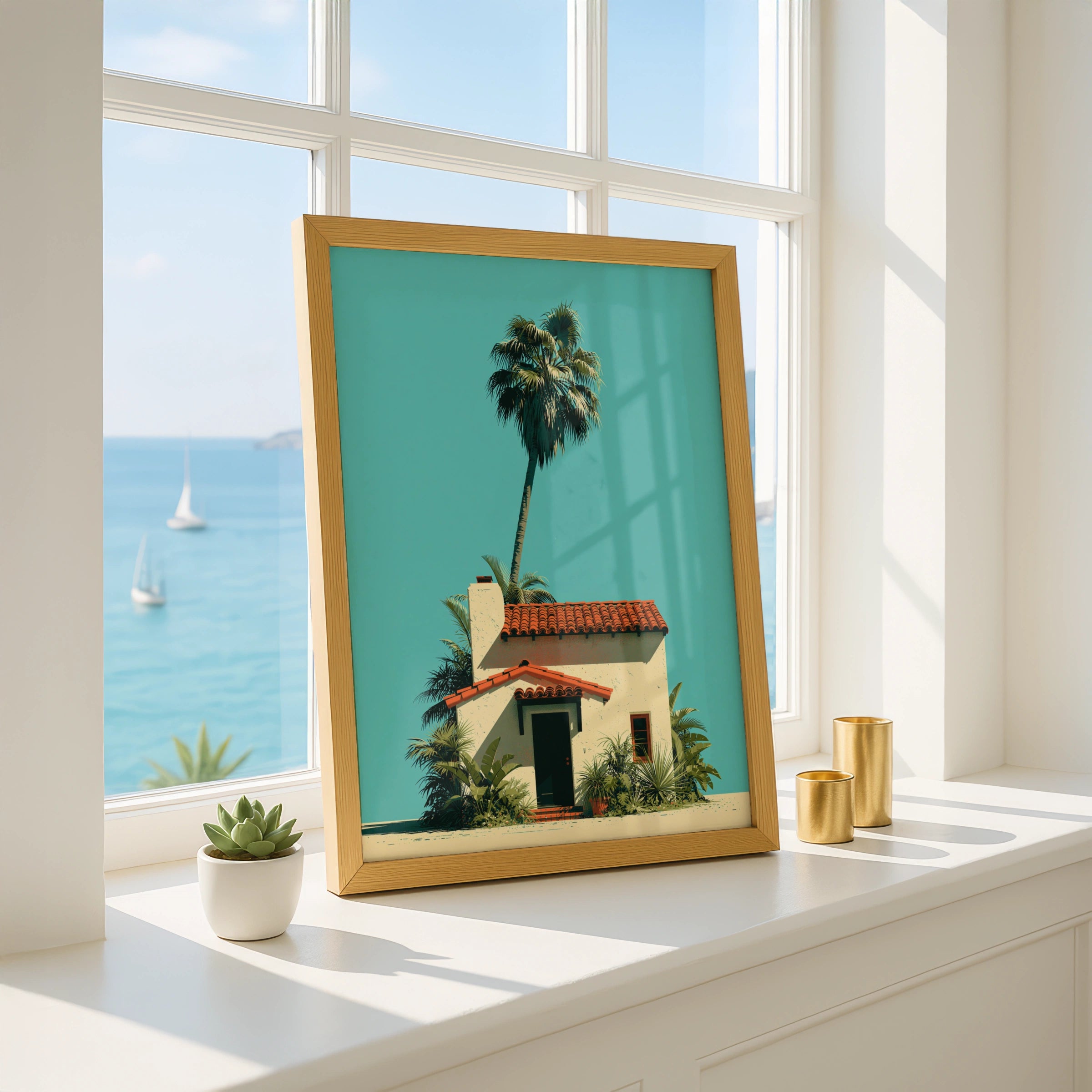 Solitary Palm Tree Spanish House Poster, Minimalist Tropical Architecture Print