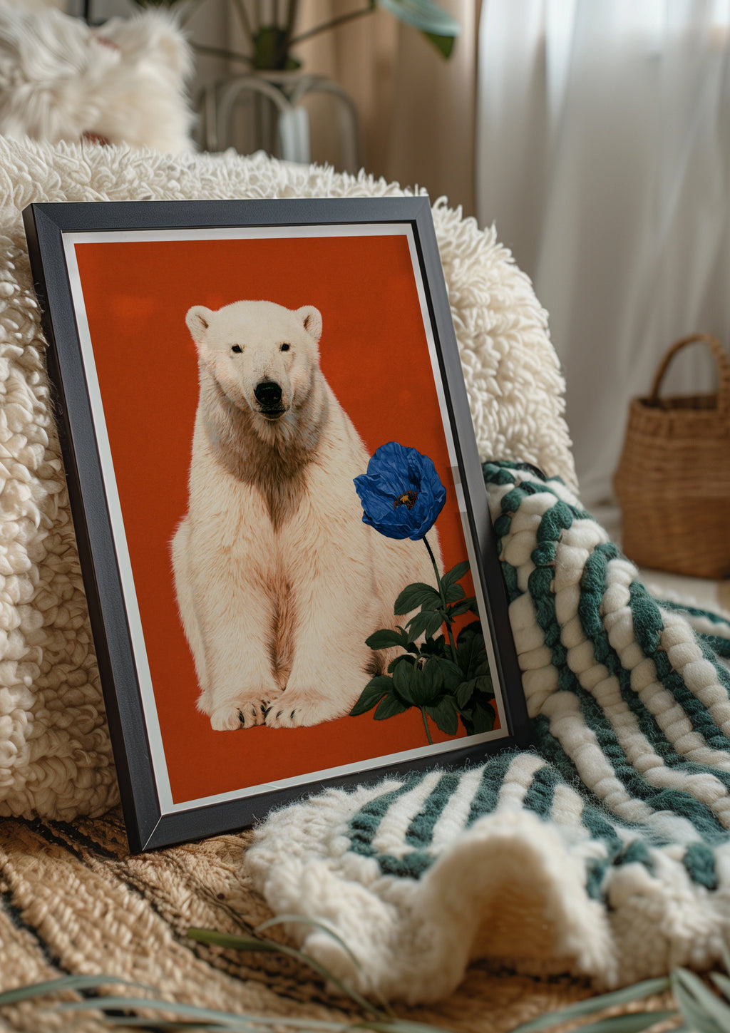 Polar Bear Blue Flower Poster, Bold Red Wildlife Wall Art Print