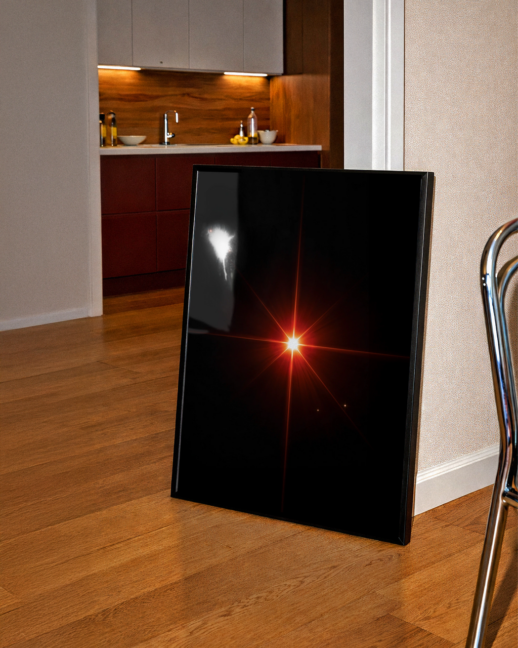 Red Star Burst Wall Art Poster, Dark Space Glow Print, Minimalist Cosmic