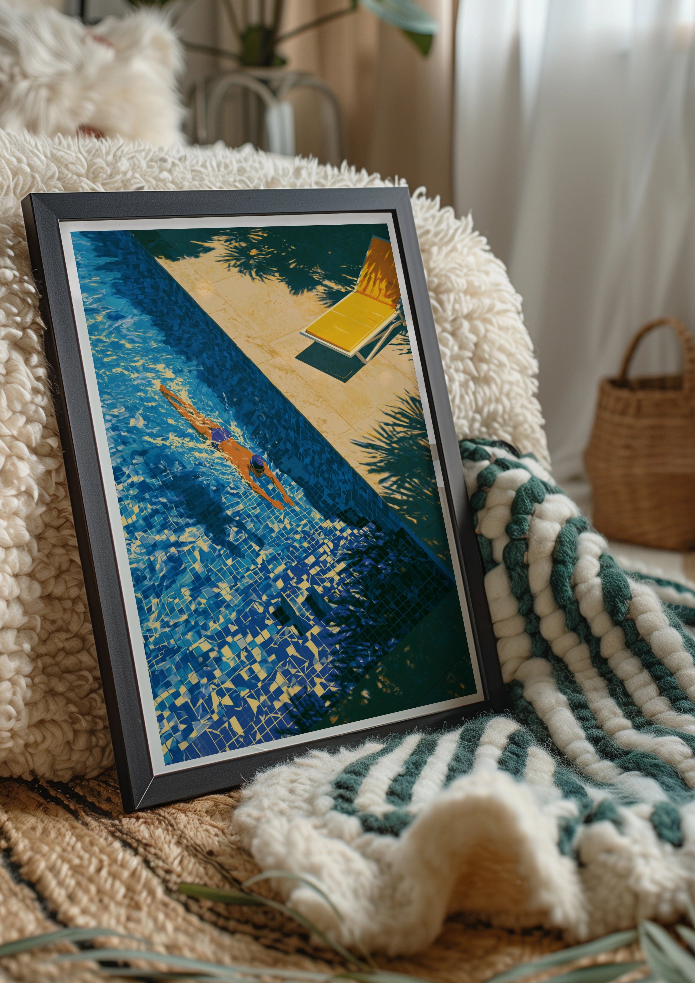 Swimming Pool Poster, Yellow Sun Lounger, Summer Art Print, Aerial View
