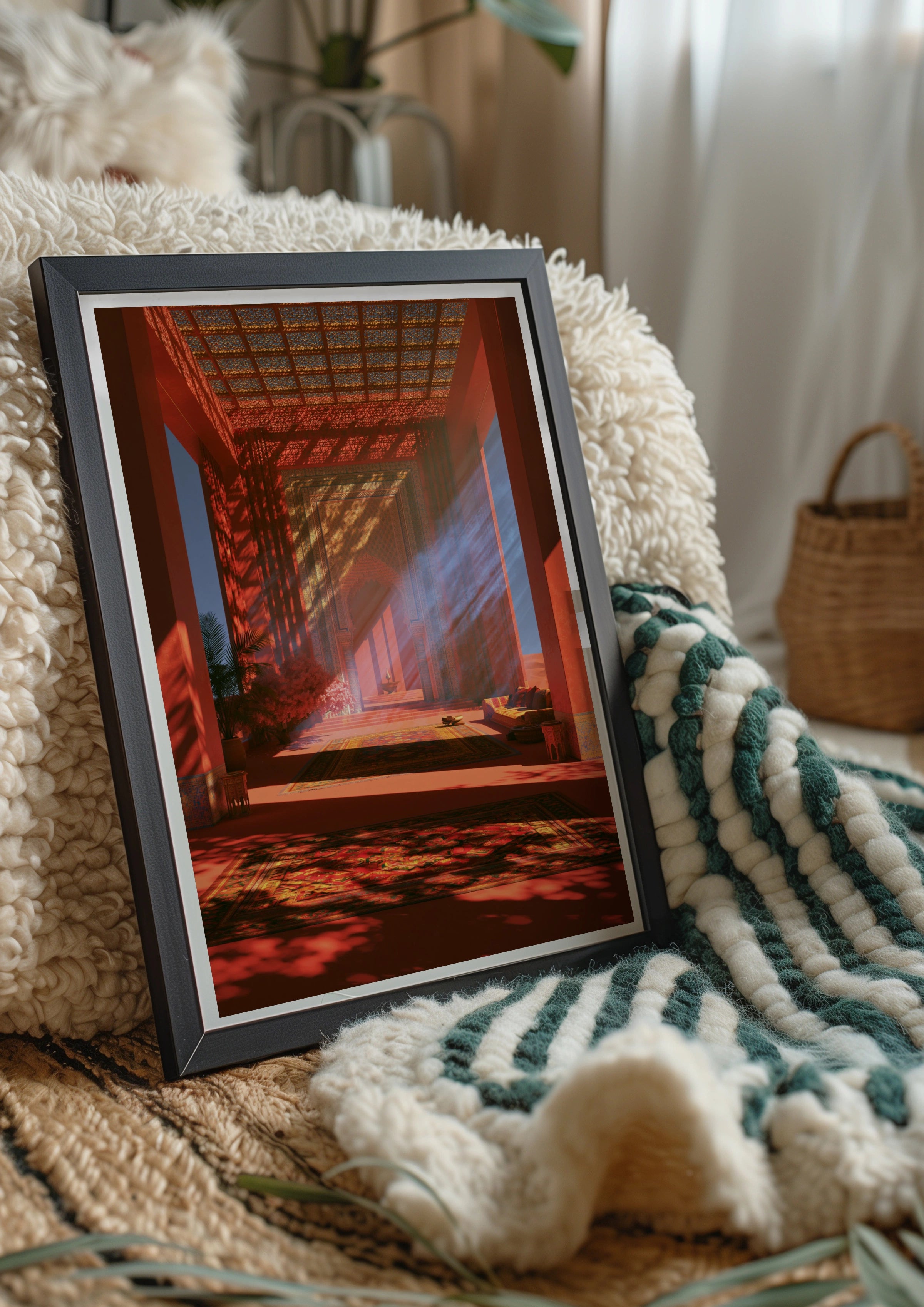 Middle Eastern Hall Poster, Moroccan Architecture Art Print, Warm Red Tones
