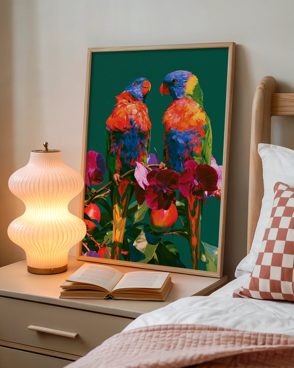 Rainbow Lorikeet Parrots Orchids Poster, Tropical Bird Wall Art Print