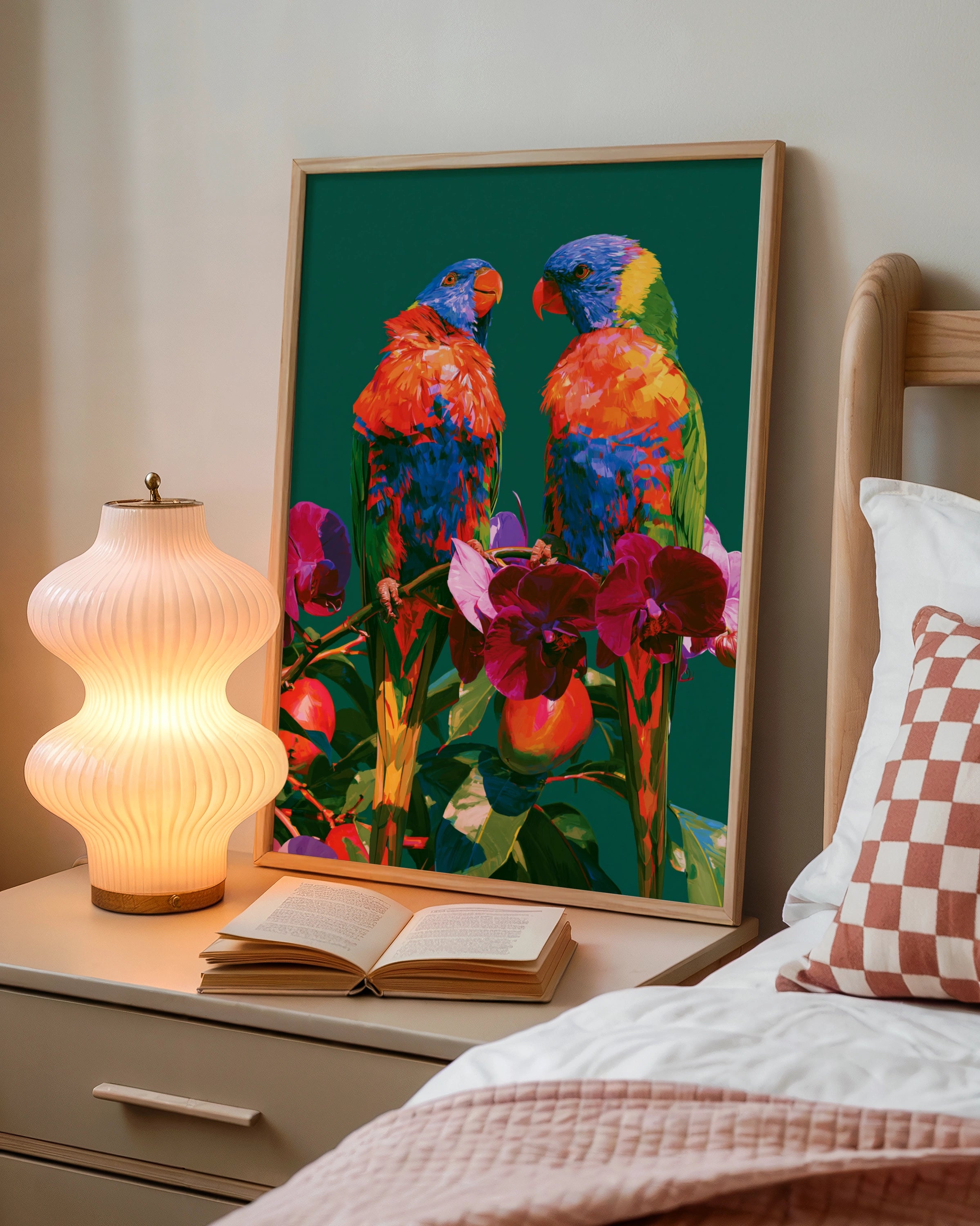 Rainbow Lorikeet Parrots Orchids Poster, Tropical Bird Wall Art Print