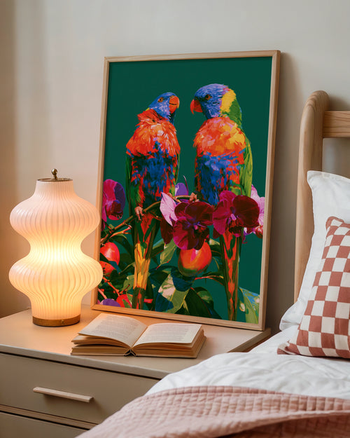 Rainbow Lorikeet Parrots Orchids Poster, Tropical Bird Wall Art Print