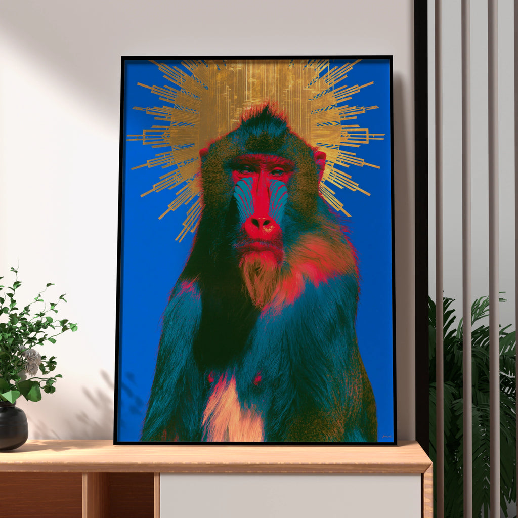 Baboon Sun Halo Poster, Bold Blue Gold Mandrill Wall Art, Pop Art Print