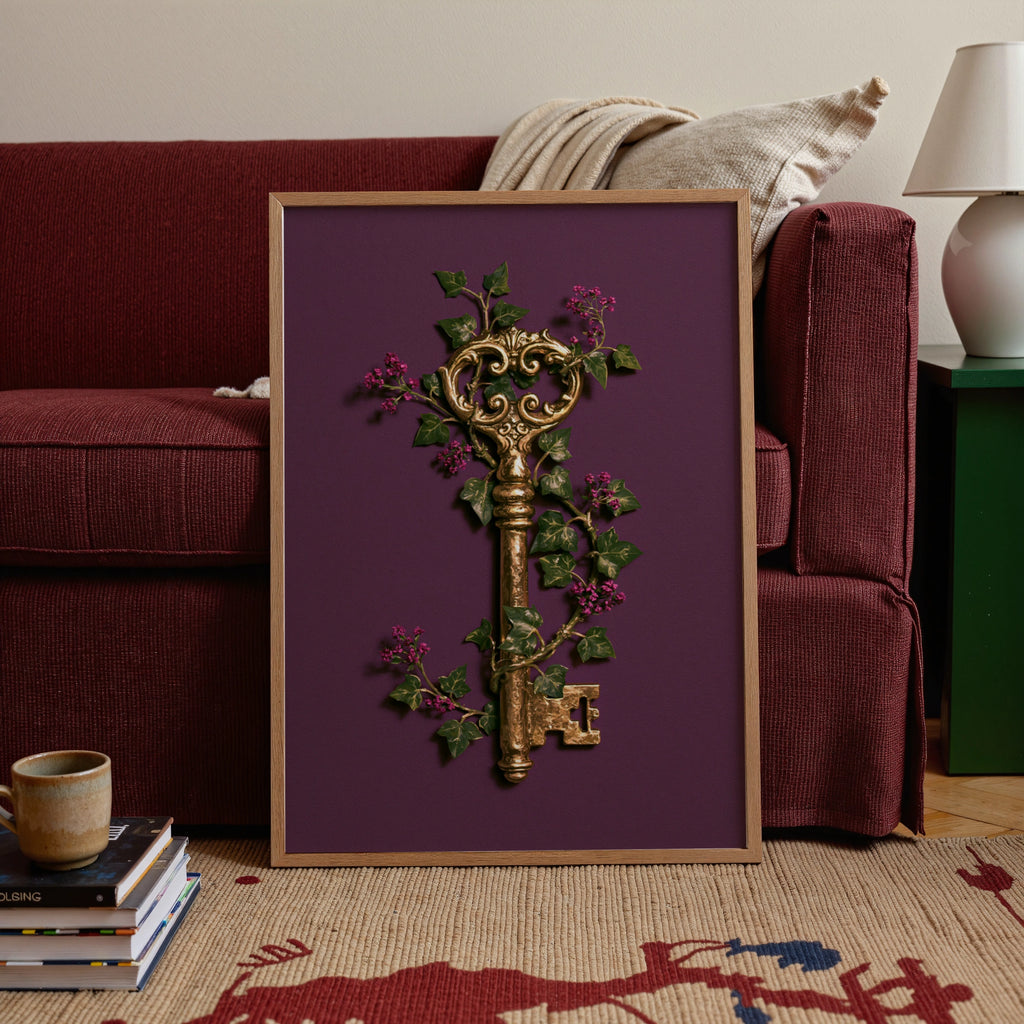 Antique Gold Key Floral Poster, Botanical Ivy Wall Art, Dark Maximalist Print