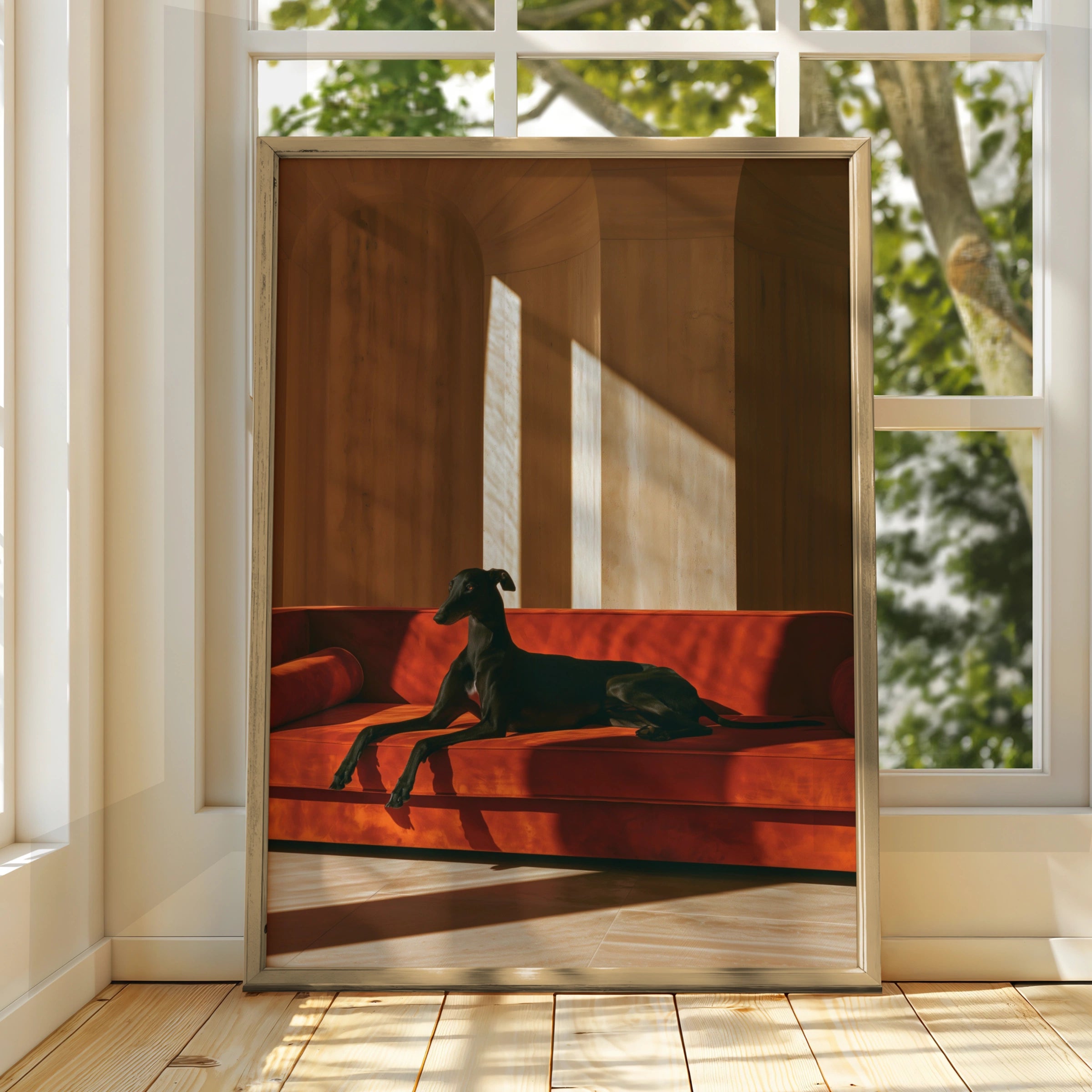 Greyhound on Red Sofa Poster, Black Hound Dog Wall Art, Warm Minimalist Print