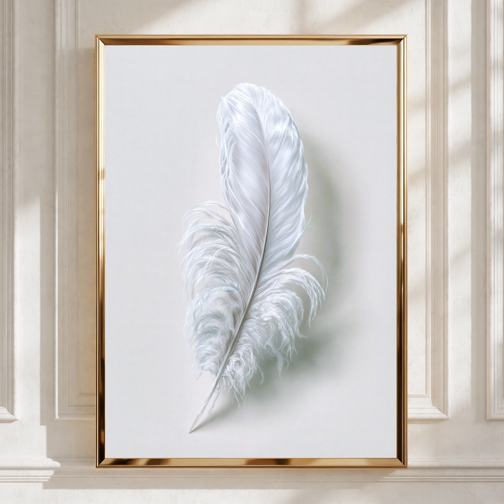 White Feather Wall Art Poster, Minimalist Nature Print, Soft Grey