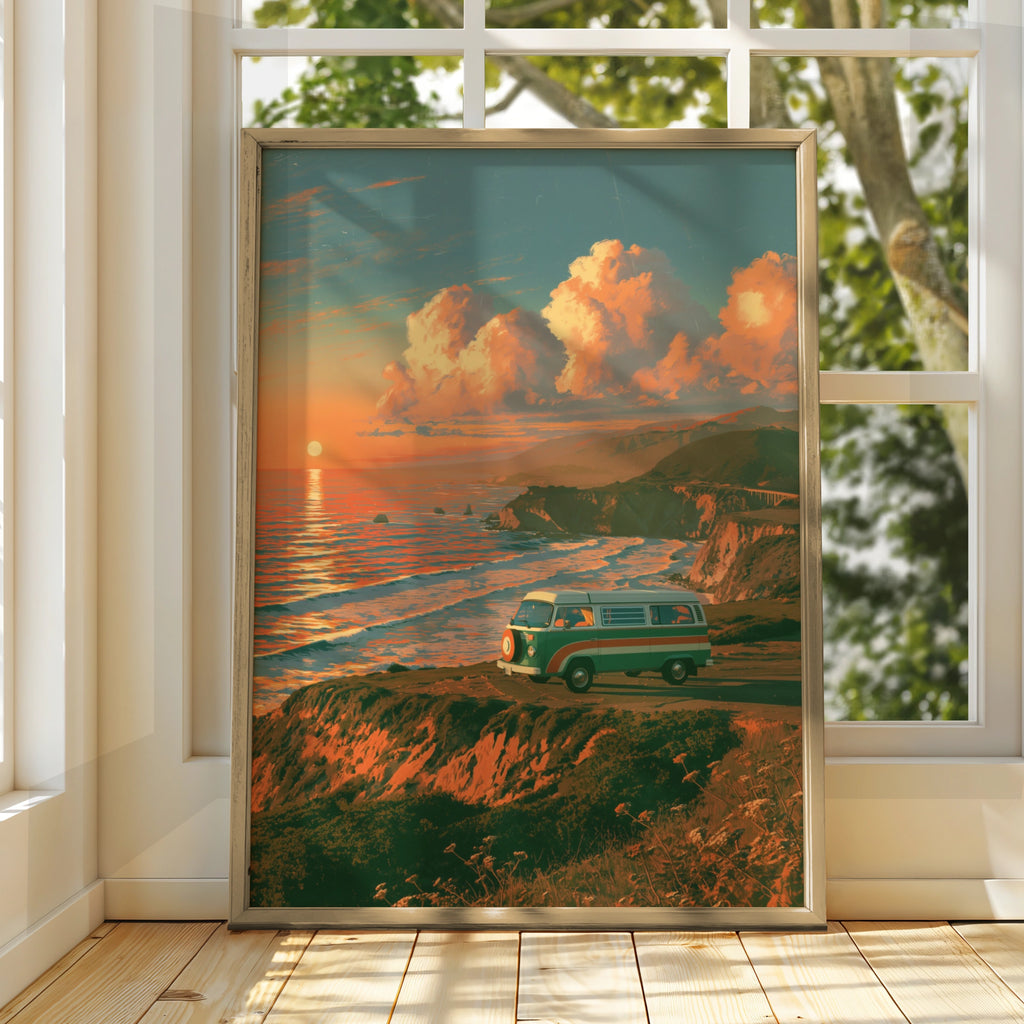 Retro Camper Van Coastal Sunset Poster, Sea Cliffs Wall Art Print