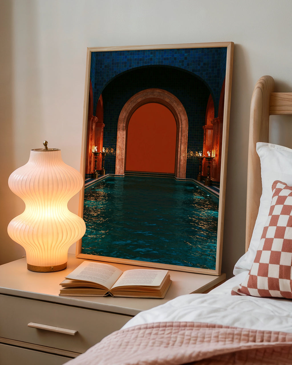 Roman Frigidarium Pool Print, Ancient Bathhouse Poster, Orange Flames Art