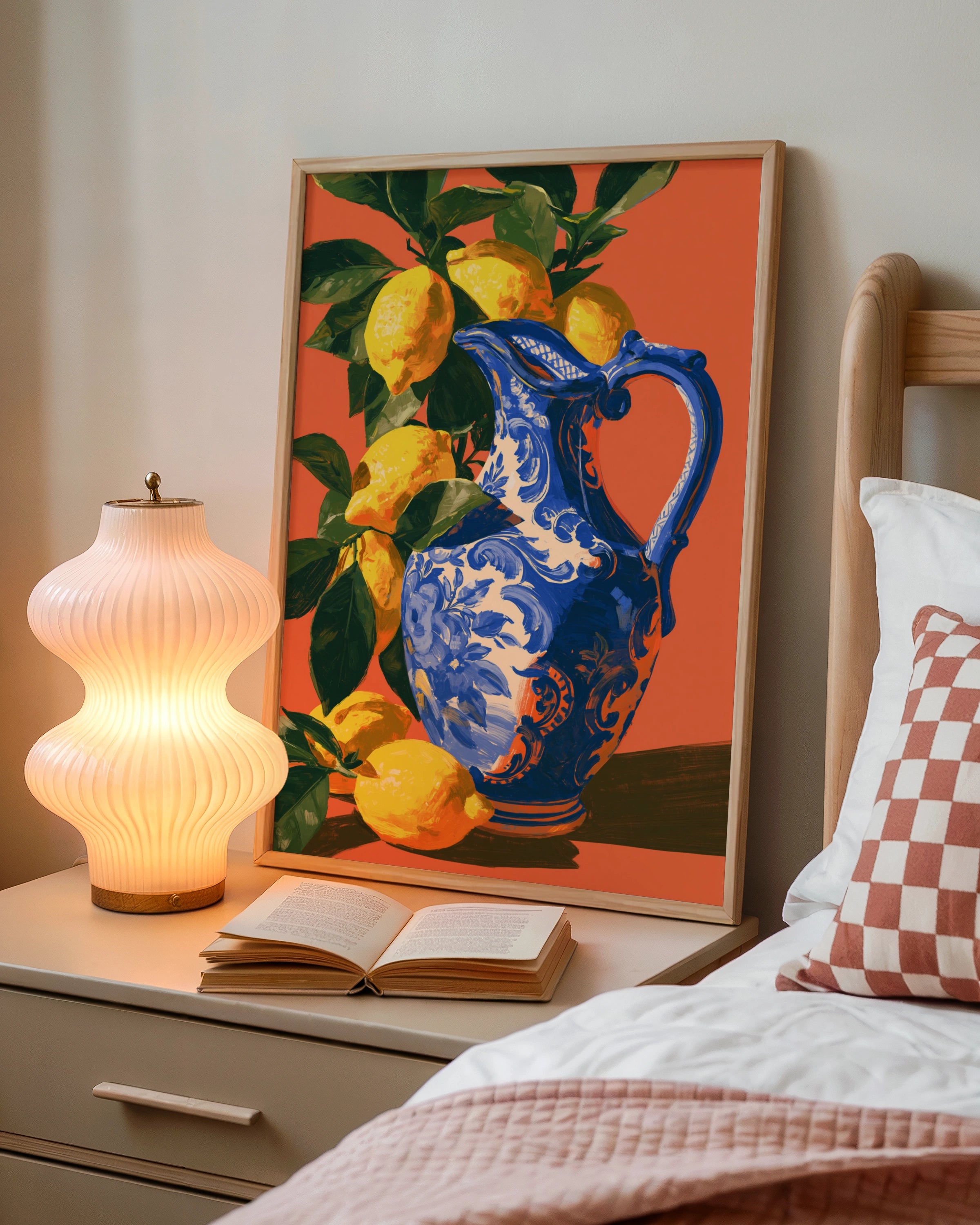 Porcelain Jug Lemons Wall Art Poster, Mediterranean Still Life Print, Orange