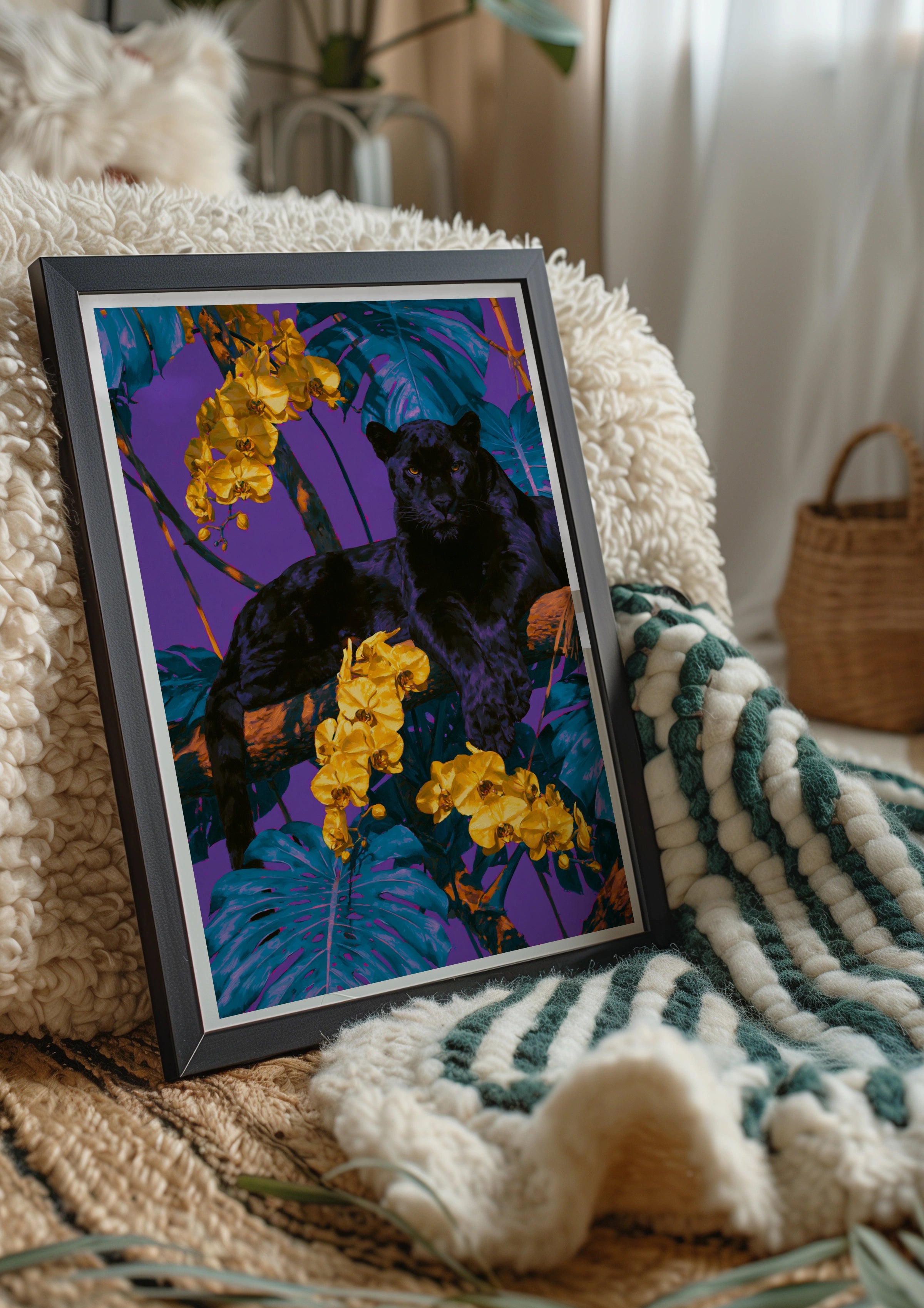 Black Panther Yellow Orchids Poster, Tropical Jungle Wall Art, Bold Colourful Print