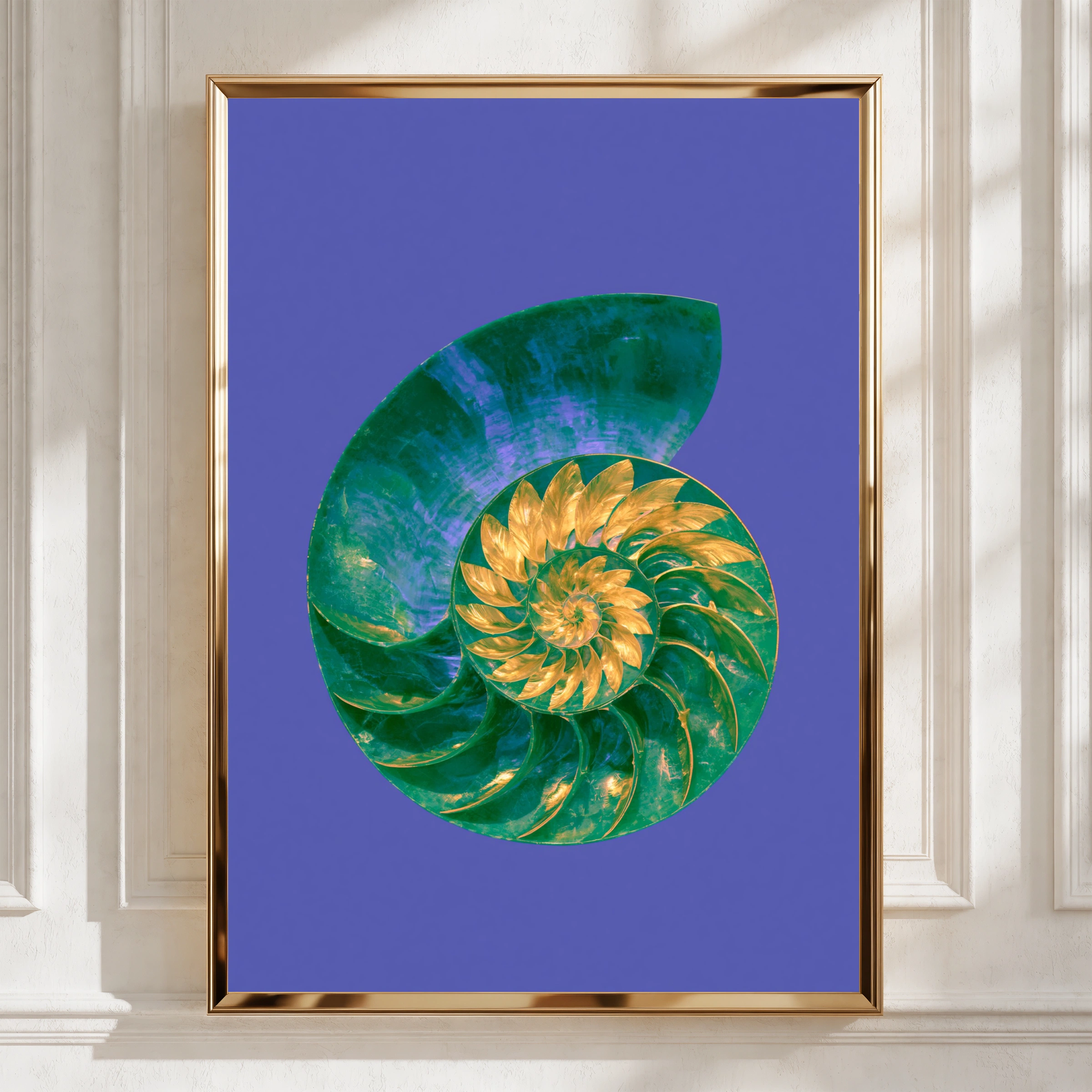 Nautilus Shell Poster, Green Gold Spiral, Bold Colour Nature Wall Art Print