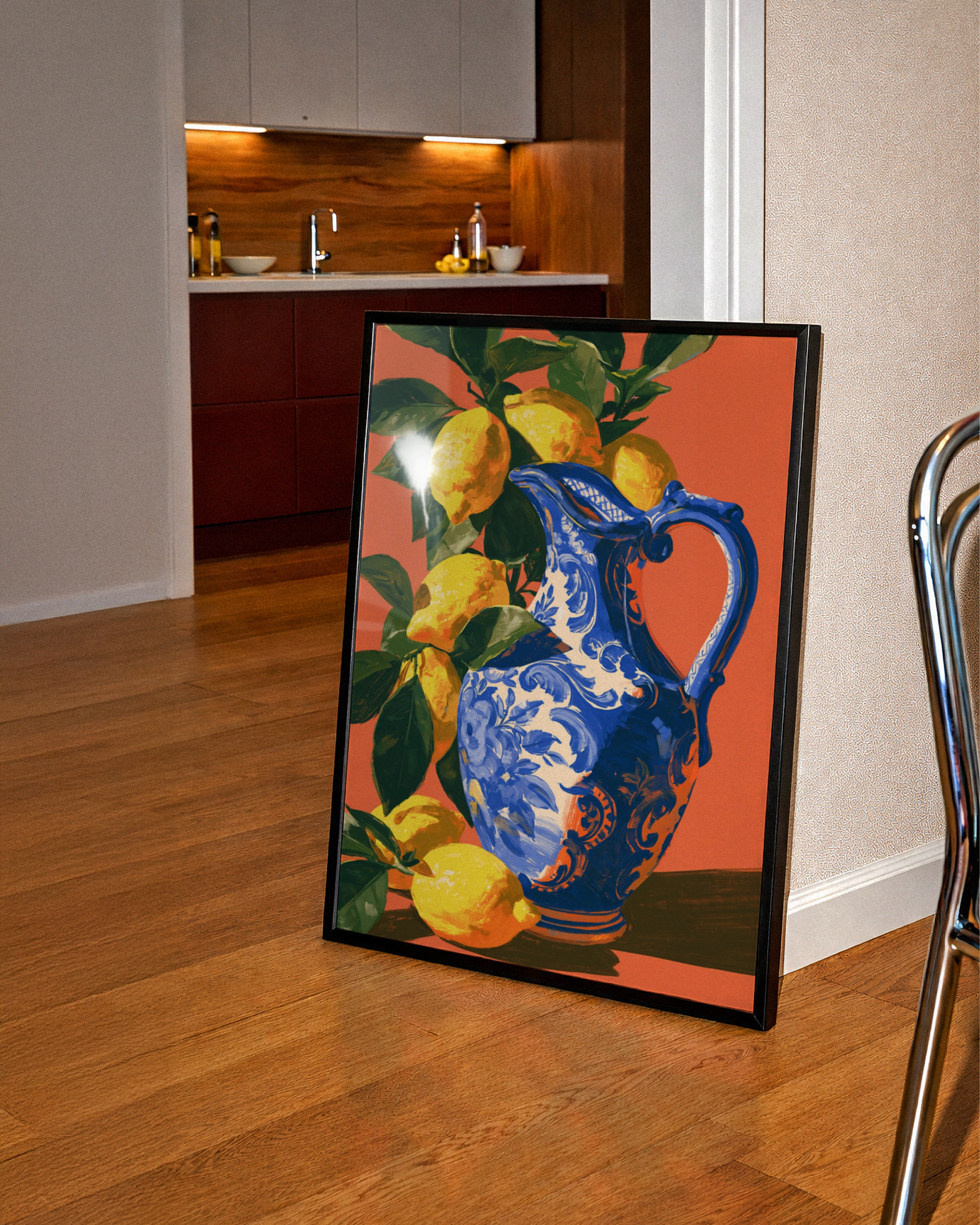 Porcelain Jug Lemons Wall Art Poster, Mediterranean Still Life Print, Orange