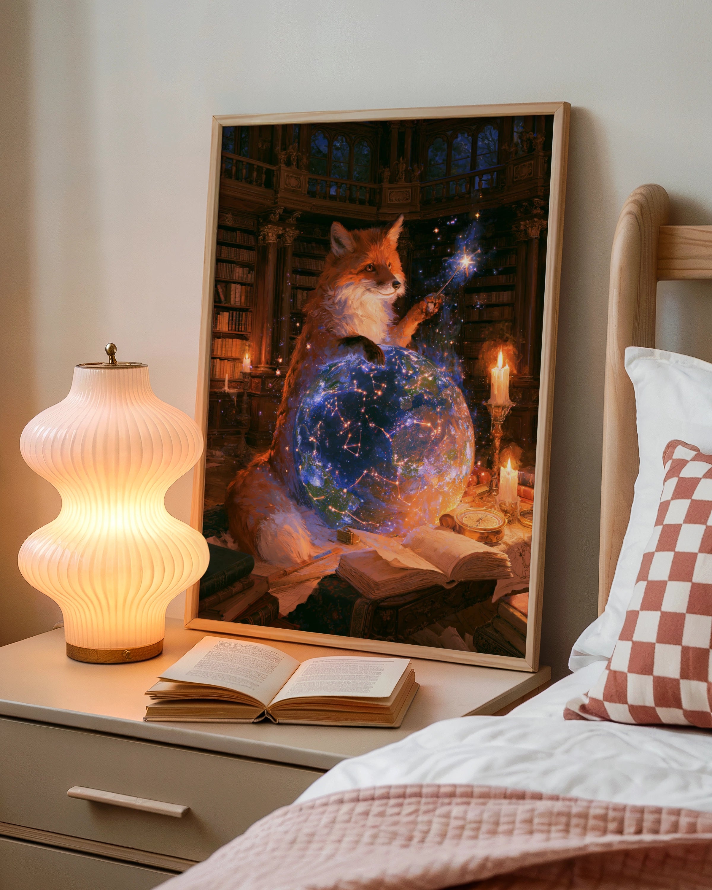 Fox Celestial Observatory Poster, Magical Library Wall Art, Fantasy Print