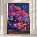 Japan Cherry Blossom Street Corner Poster, Neon Tokyo Night Art Print