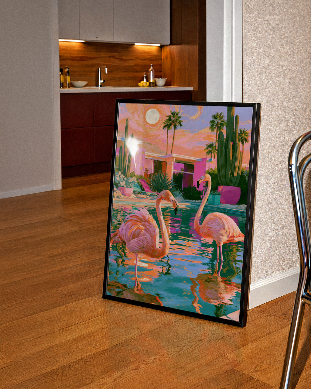 Flamingos Pool Palm Trees Cactus Poster, Mid-Century Desert Art Print