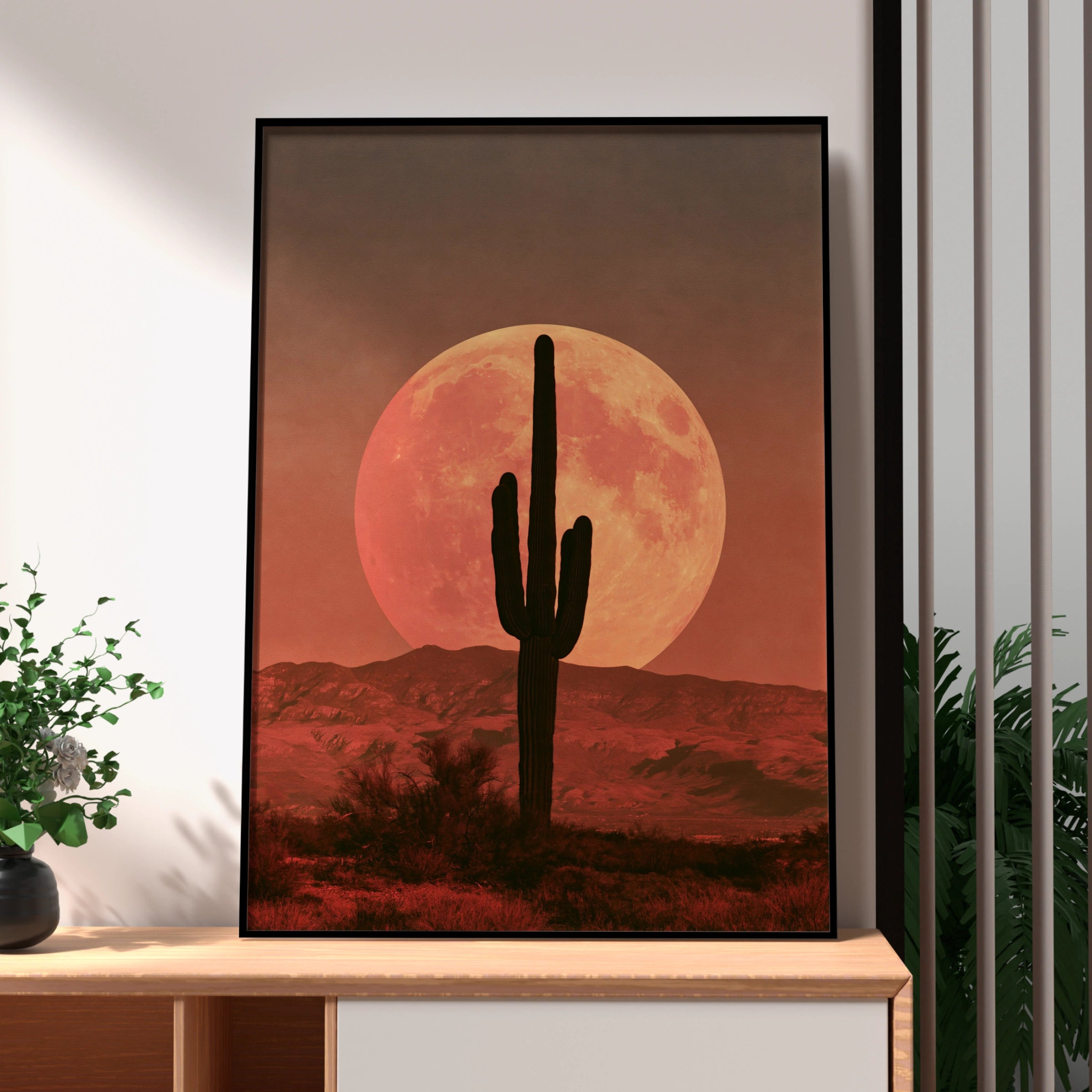 Cactus Boho Sunset Poster, Desert Moon Wall Art, Saguaro Silhouette Print