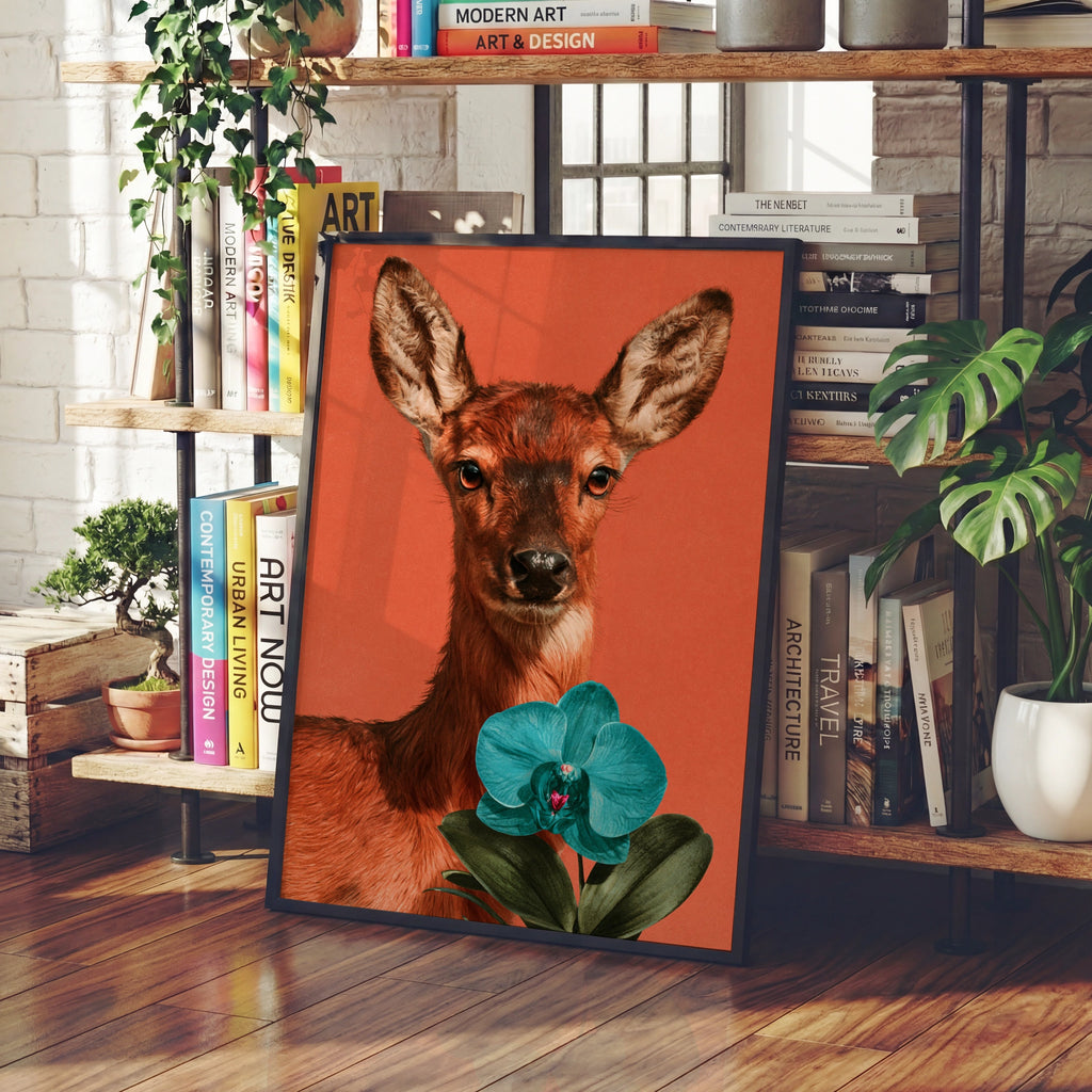 Deer with Orchid Flower Poster, Bold Orange Wildlife Wall Art Print