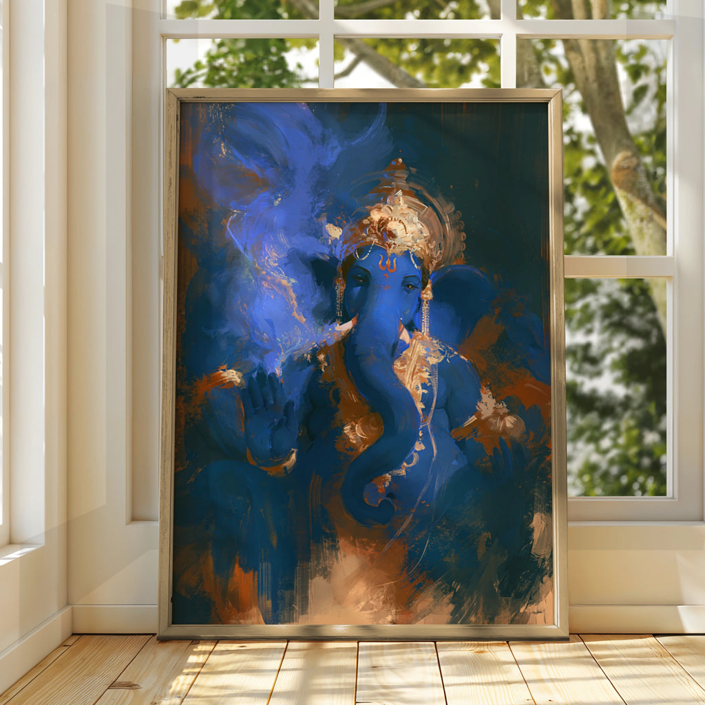 Ganesha Blue Shadow Painting Poster, Hindu God Wall Art, Spiritual Print