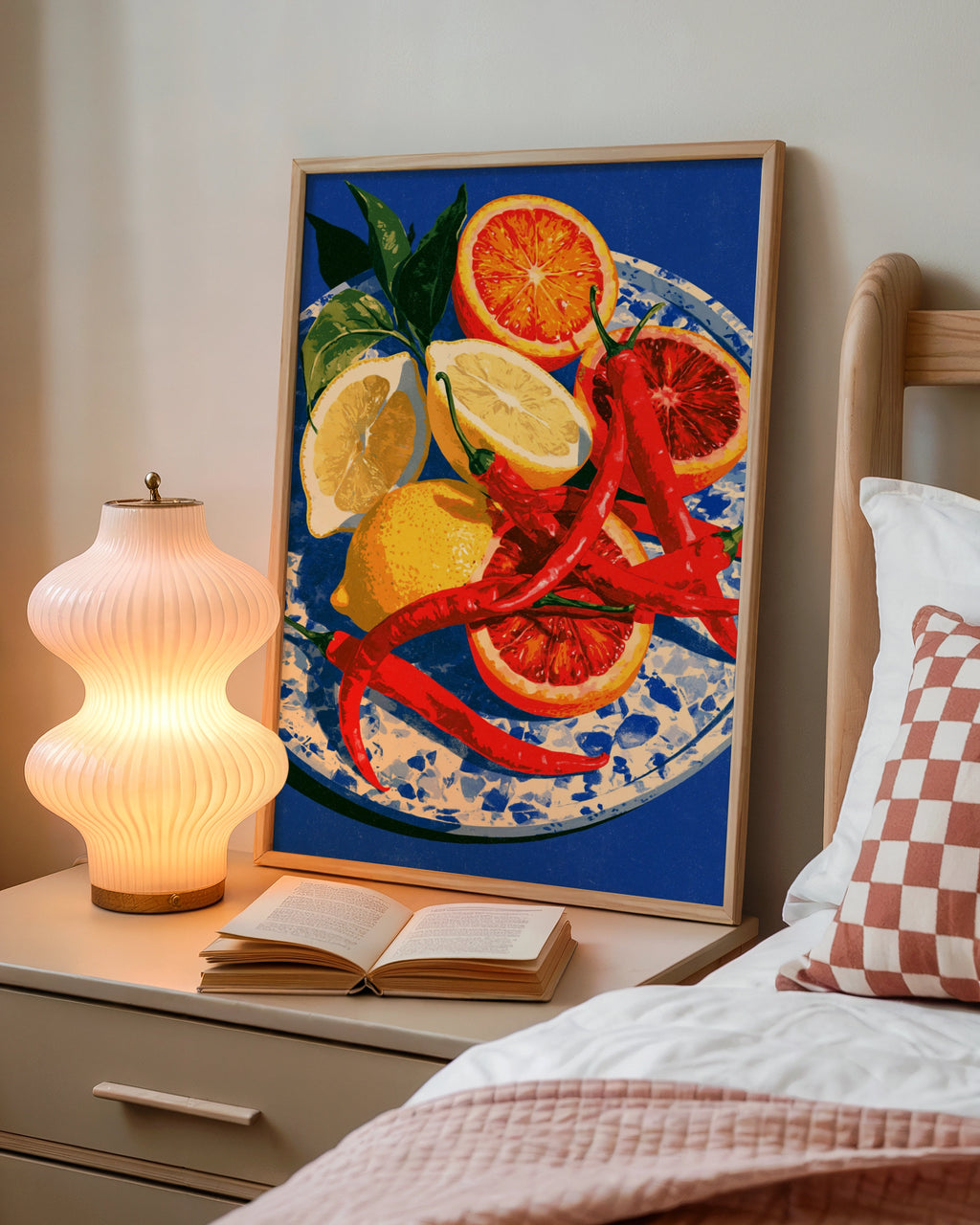 Chillies Lemon Blood Orange Still Life Poster, Bold Cobalt Blue Kitchen Art