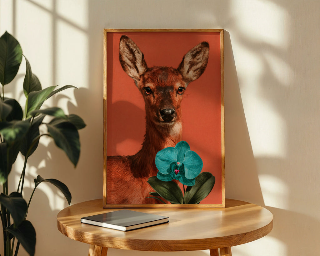 Deer with Orchid Flower Poster, Bold Orange Wildlife Wall Art Print