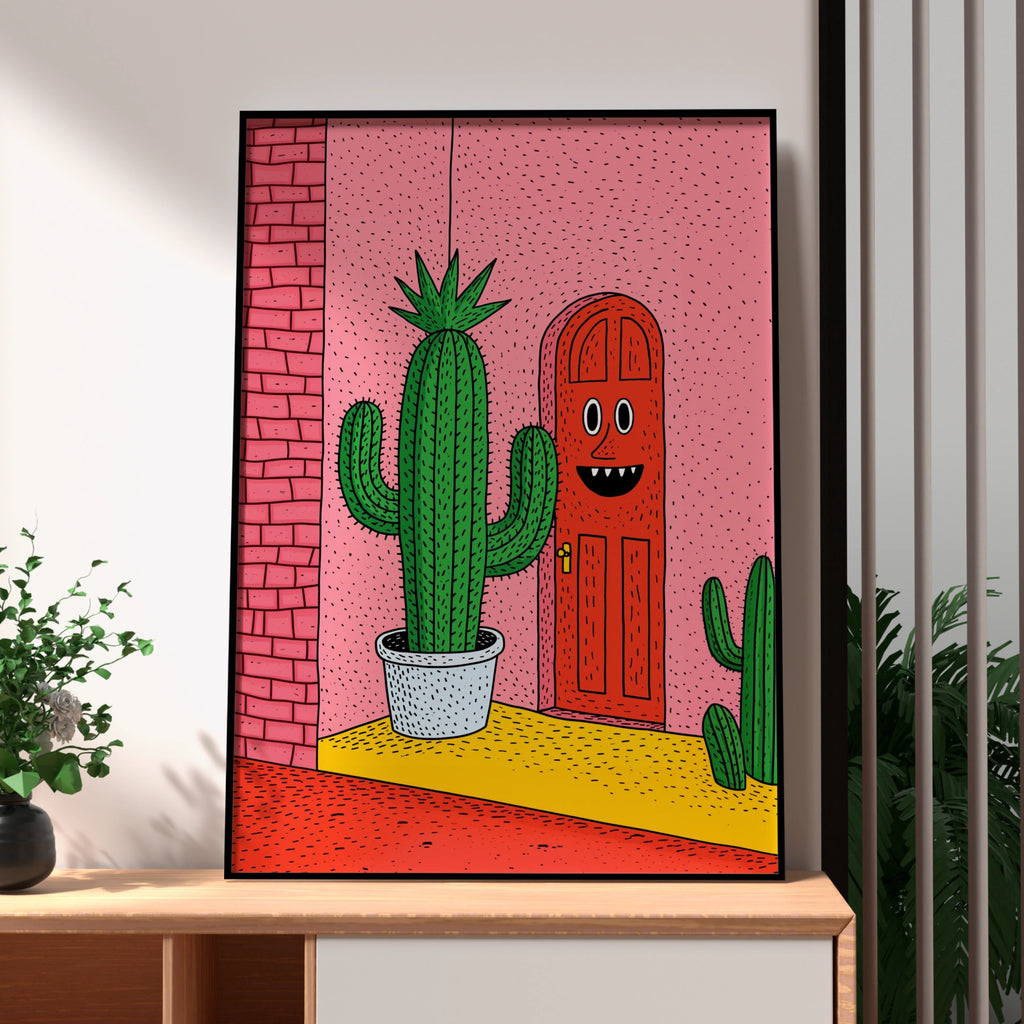 Cactus Door Art Print, Quirky Illustrated Poster, Bold Colourful Wall Art