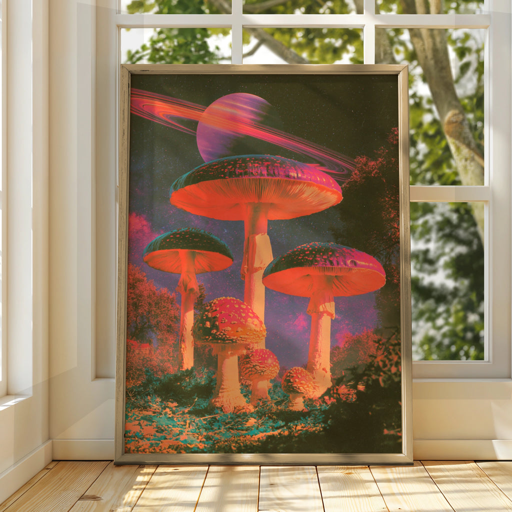 Surreal Mushroom Saturn Space Poster, Psychedelic Fungi Wall Art Print