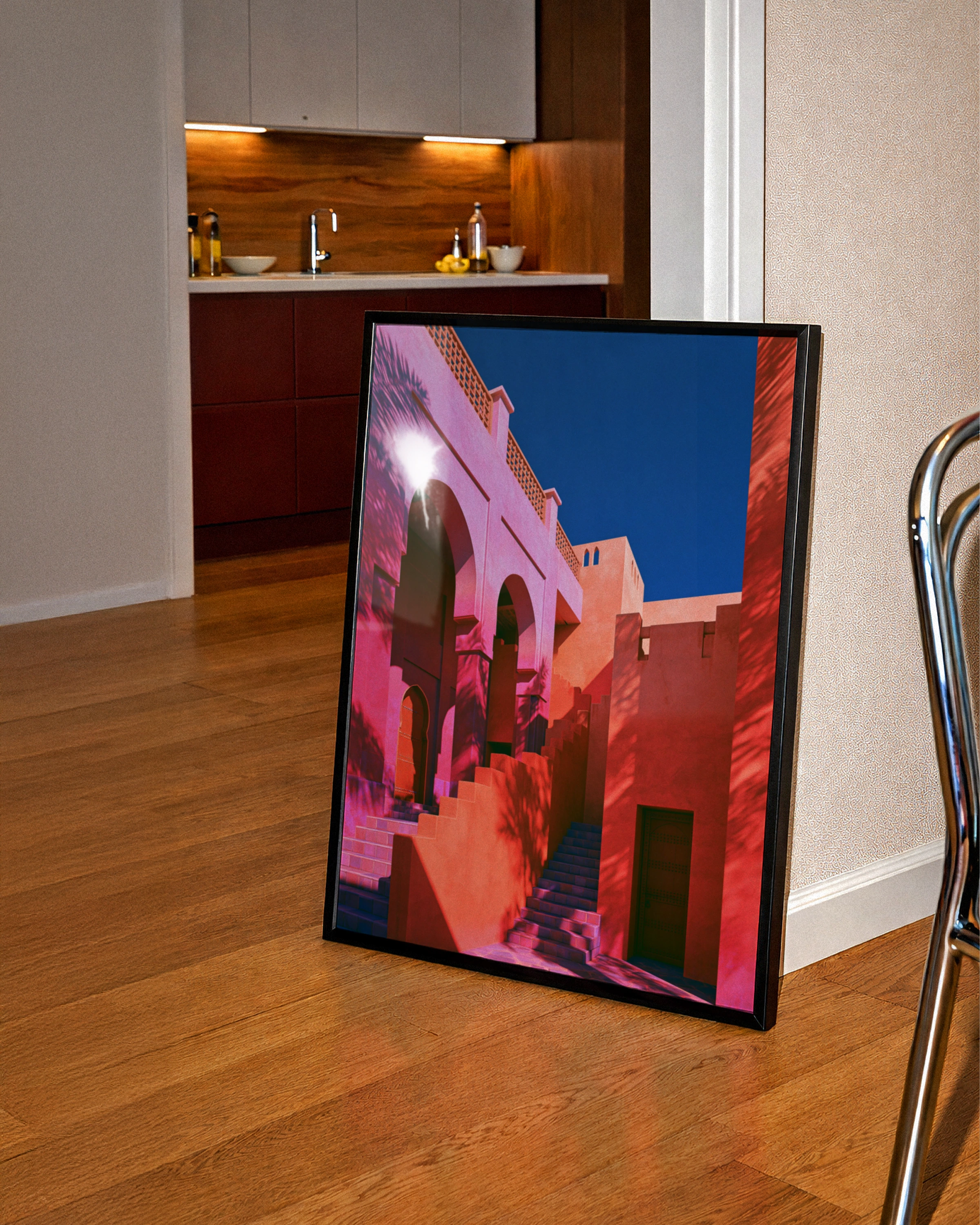 Moroccan Patio Architecture Poster, Pink Terracotta Arches, Bold Colour Print
