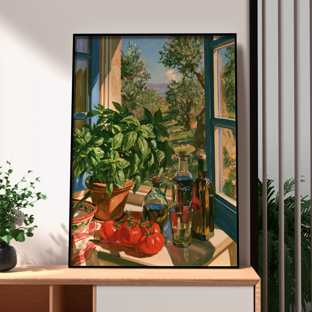 Italian Kitchen Window Poster, Tuscan Still Life, Olive Oil Basil Art Print