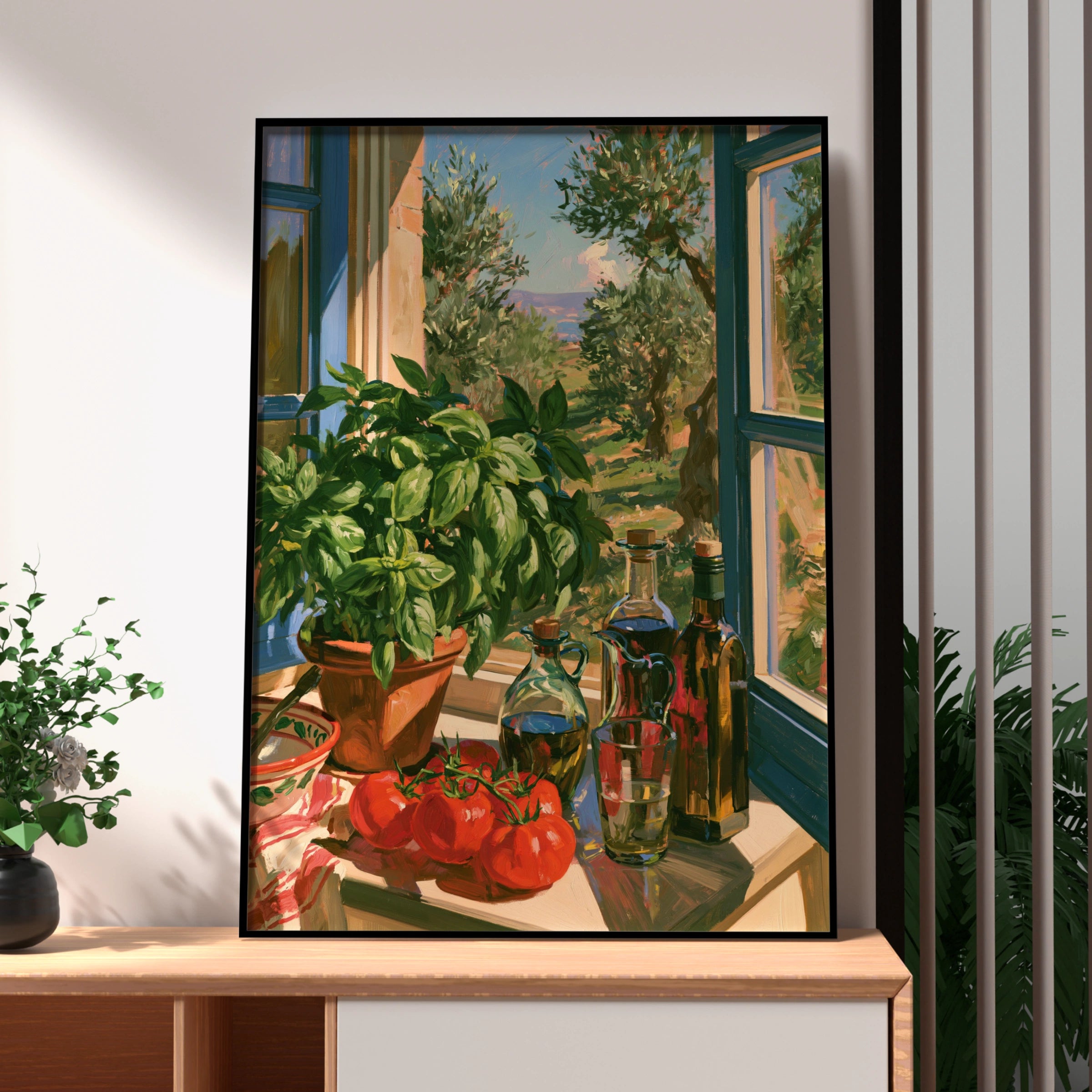 Italian Kitchen Window Poster, Tuscan Still Life, Olive Oil Basil Art Print