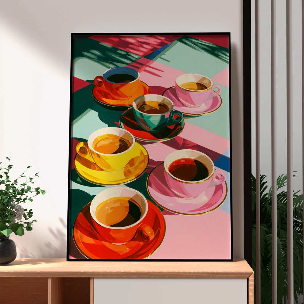 Colourful Coffee Cups Poster, Bold Pop Art Print, Kitchen Wall Art