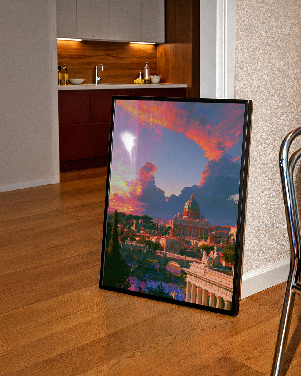 Rome Sunset Skyline Poster, St Peter's Basilica, Vibrant Orange Sky Art Print