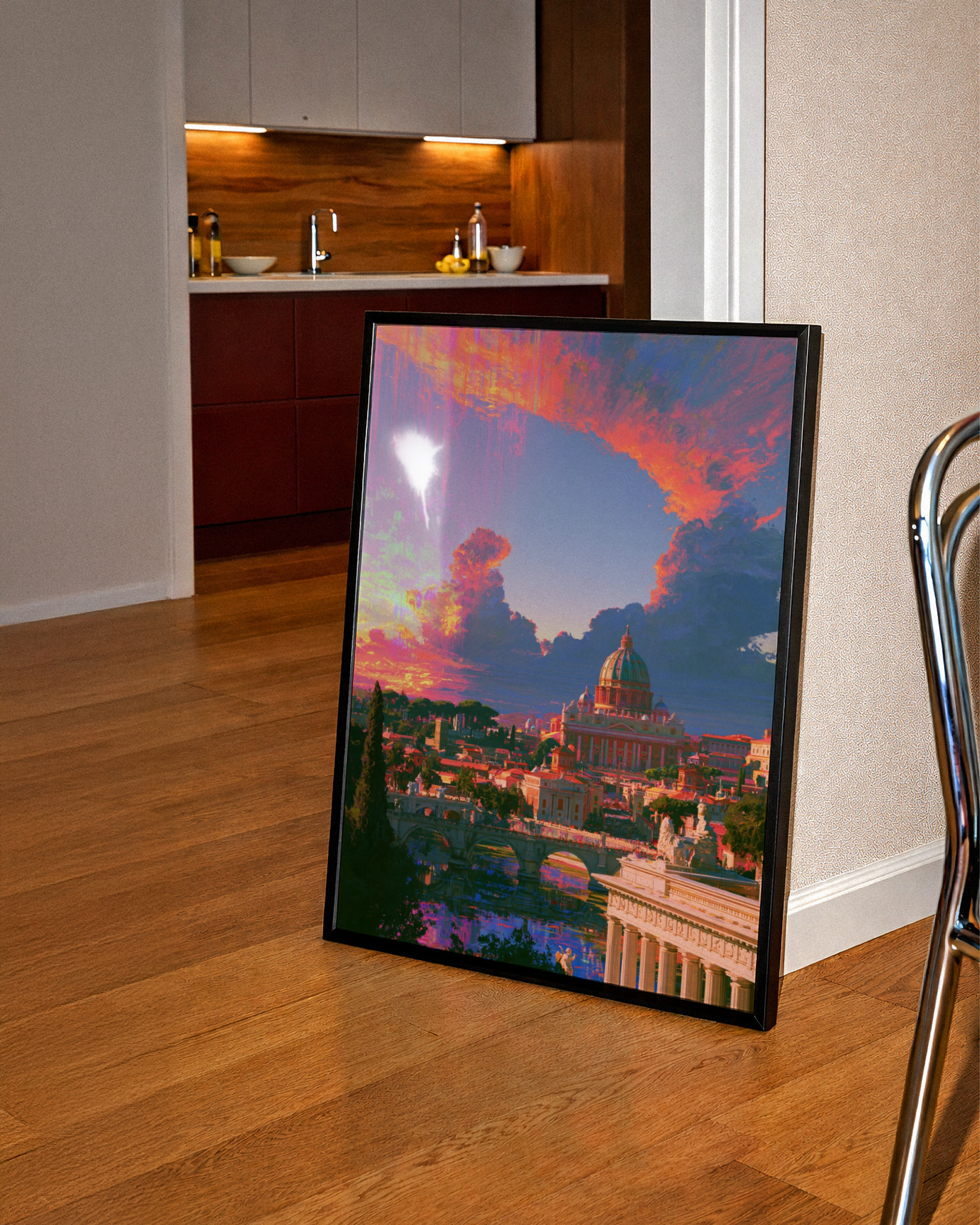 Rome Sunset Skyline Poster, St Peter's Basilica, Vibrant Orange Sky Art Print