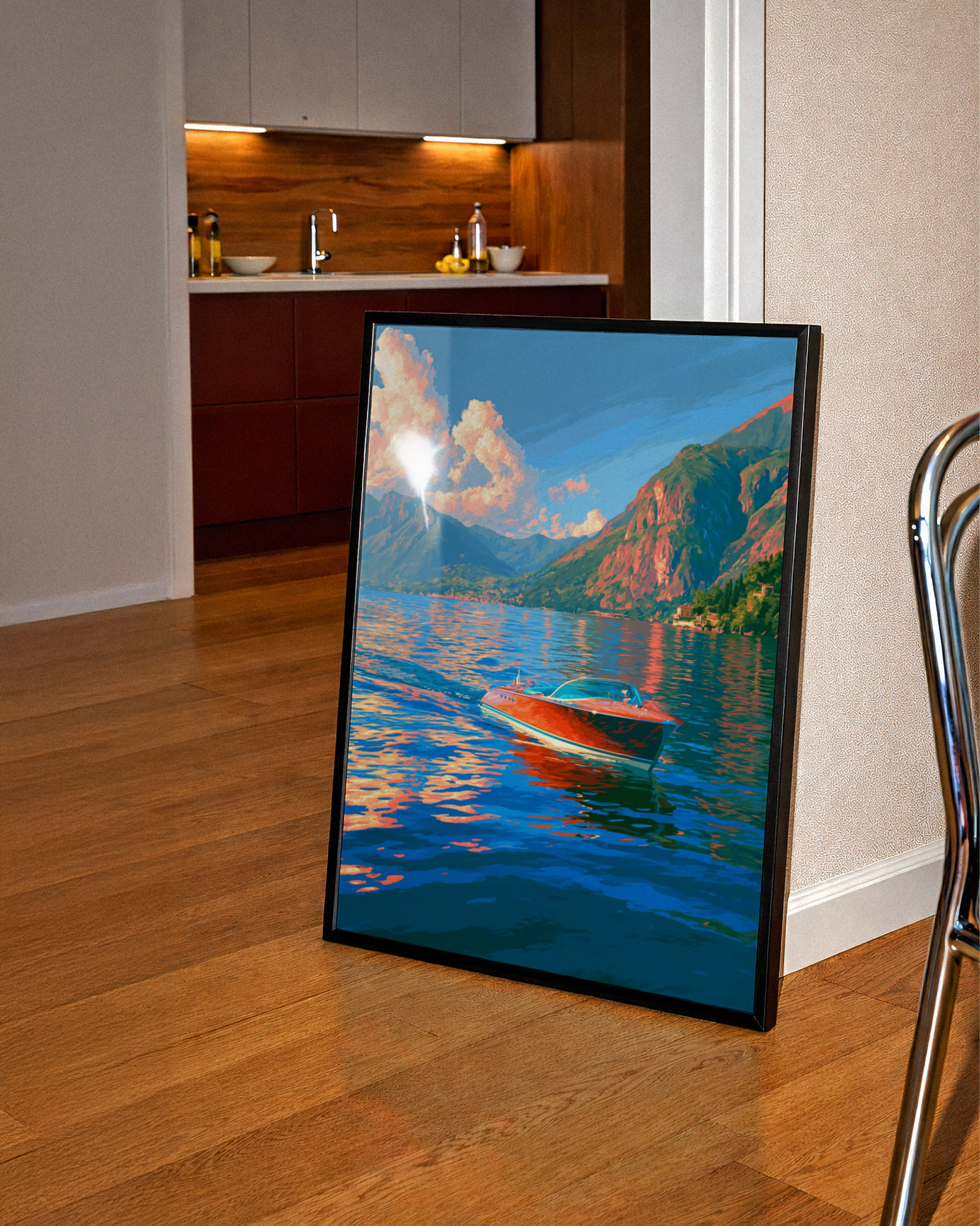 Speedboat Lake Como Poster, Italian Alps Wall Art, Retro Travel Print