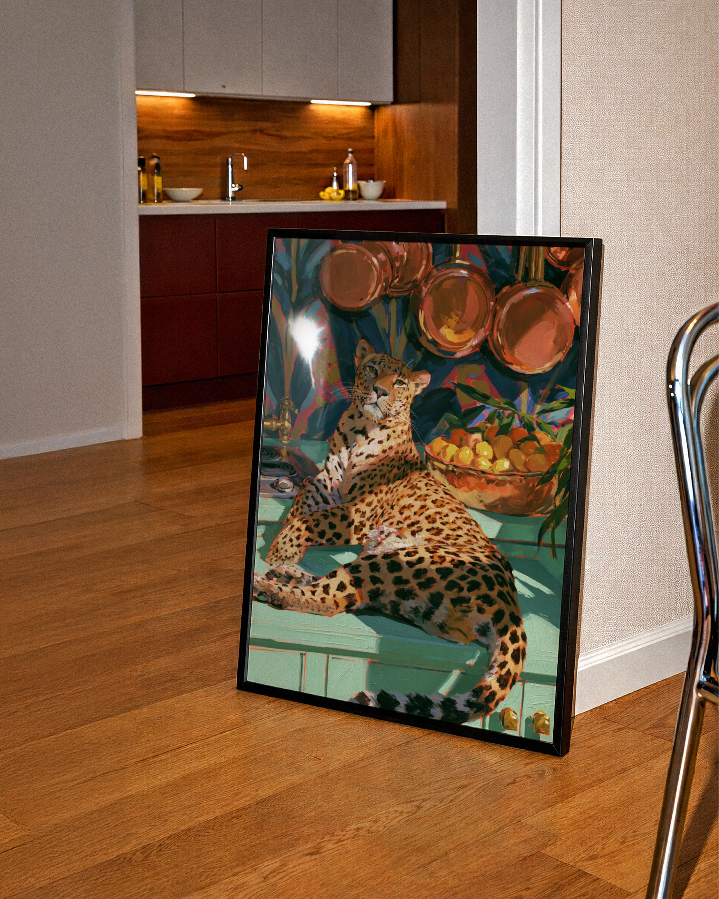 Jaguar in Kitchen Poster, Leopard Wall Art, Copper Pans, Maximalist Print