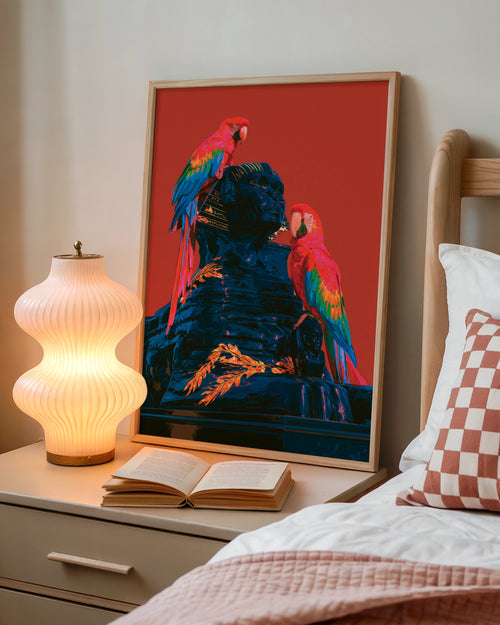 Parrots on Sphinx Statue Wall Art Poster, Bold Red Tropical Bird Print