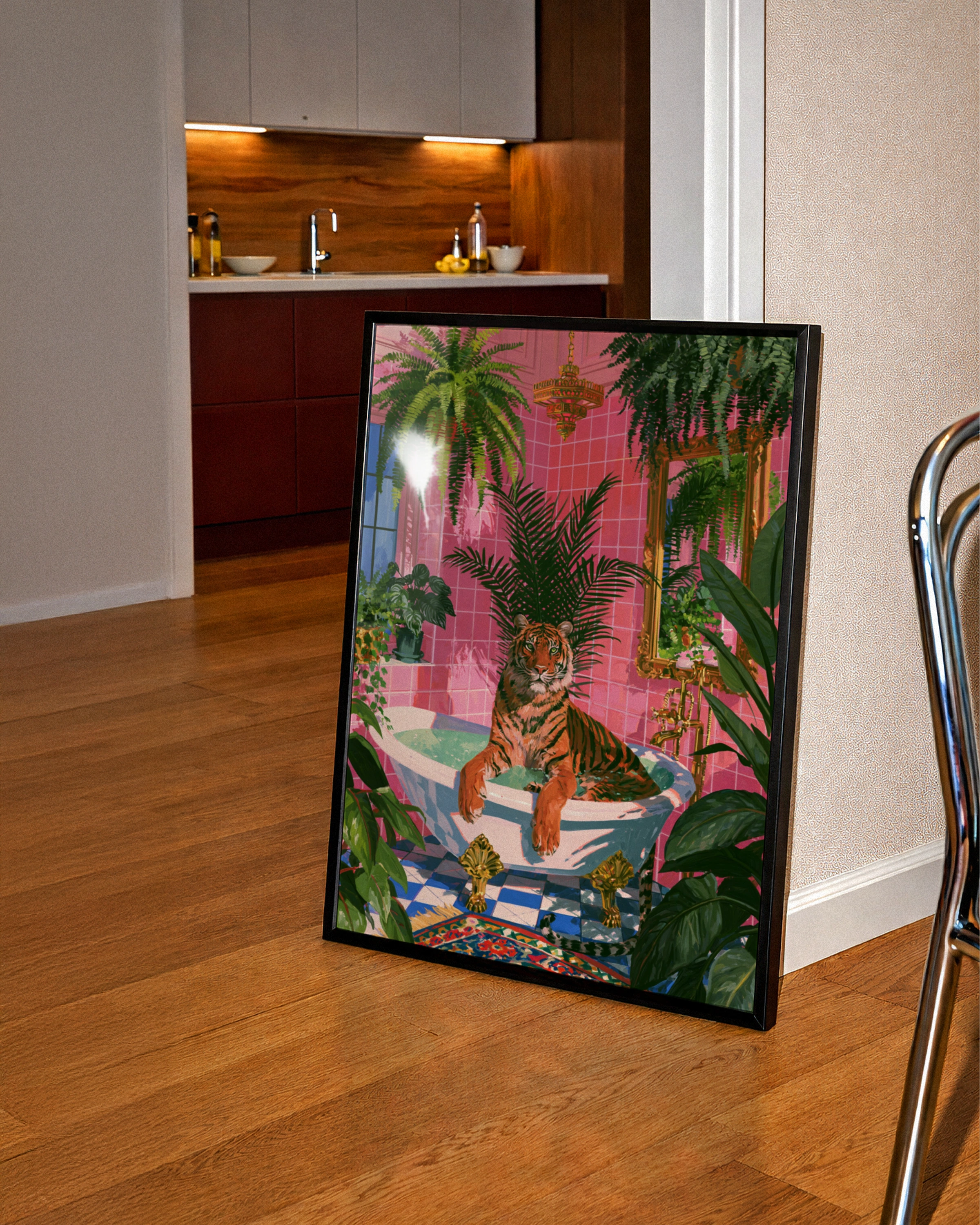 Tiger in Bath Pink Bathroom Poster, Tropical Plants Wall Art Print