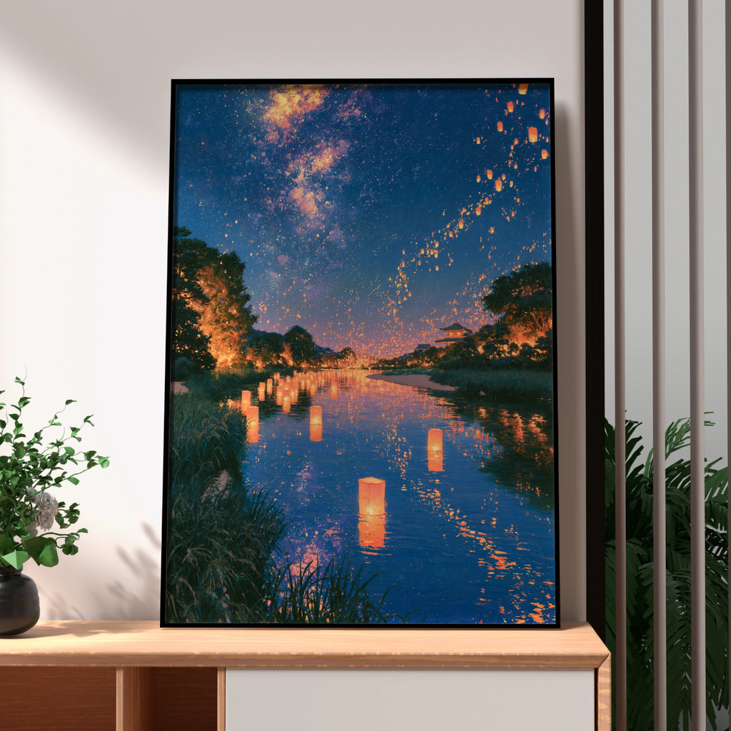 Lantern Festival Water Reflection Poster, Sky Lanterns Night Scene, Asian Art Print