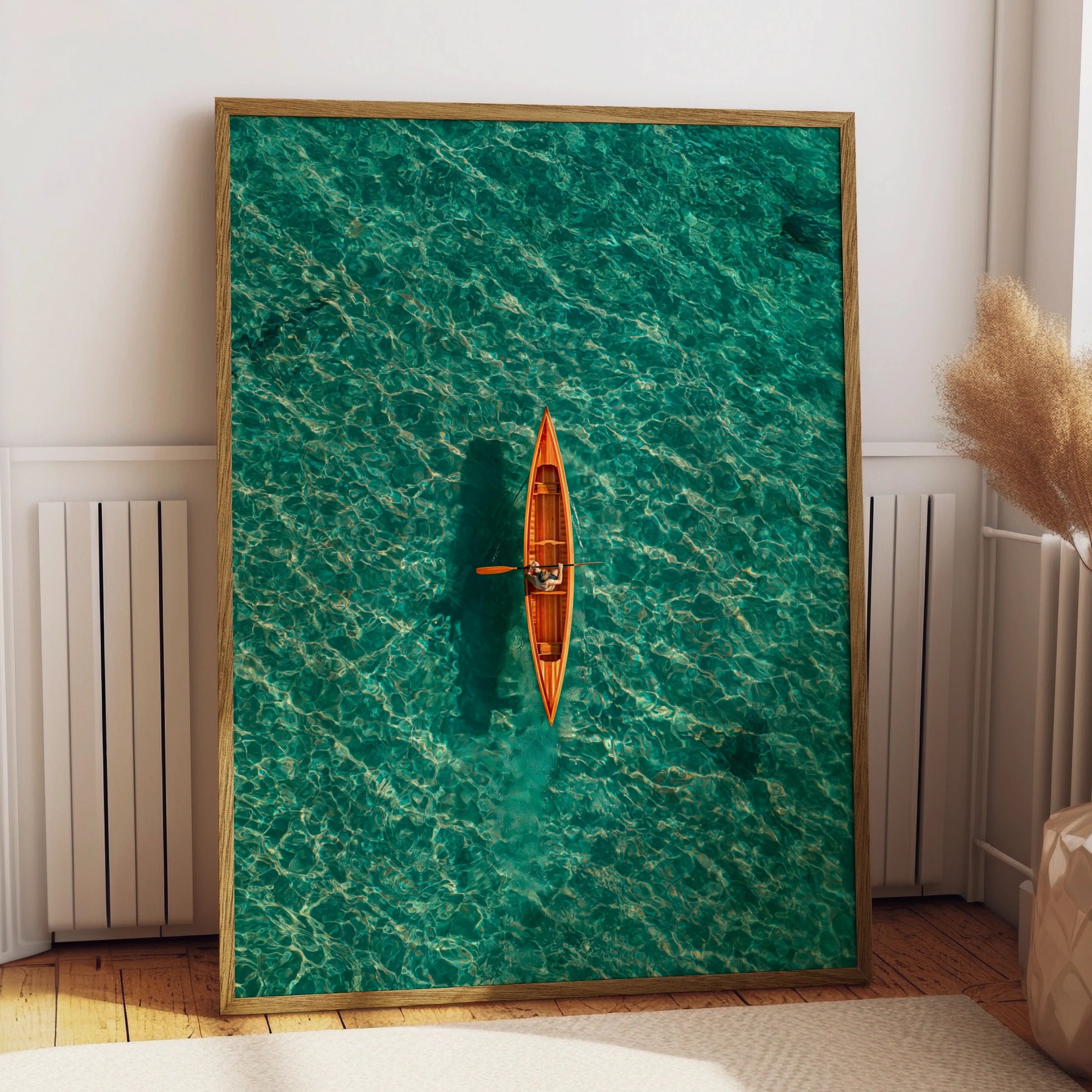 Orange Canoe Kayak Aerial View, Teal Ocean Wall Art Poster, Minimalist