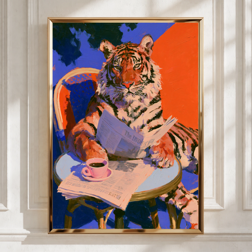 Tiger Reading Newspaper Coffee Table Poster, Bold Colourful Animal Art Print