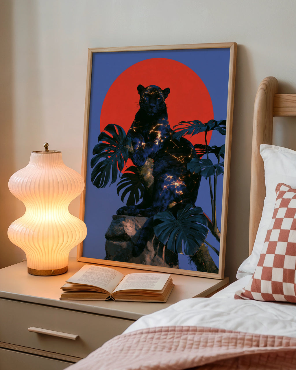 Black Panther Red Sun Monstera Poster, Celestial Big Cat Art Print