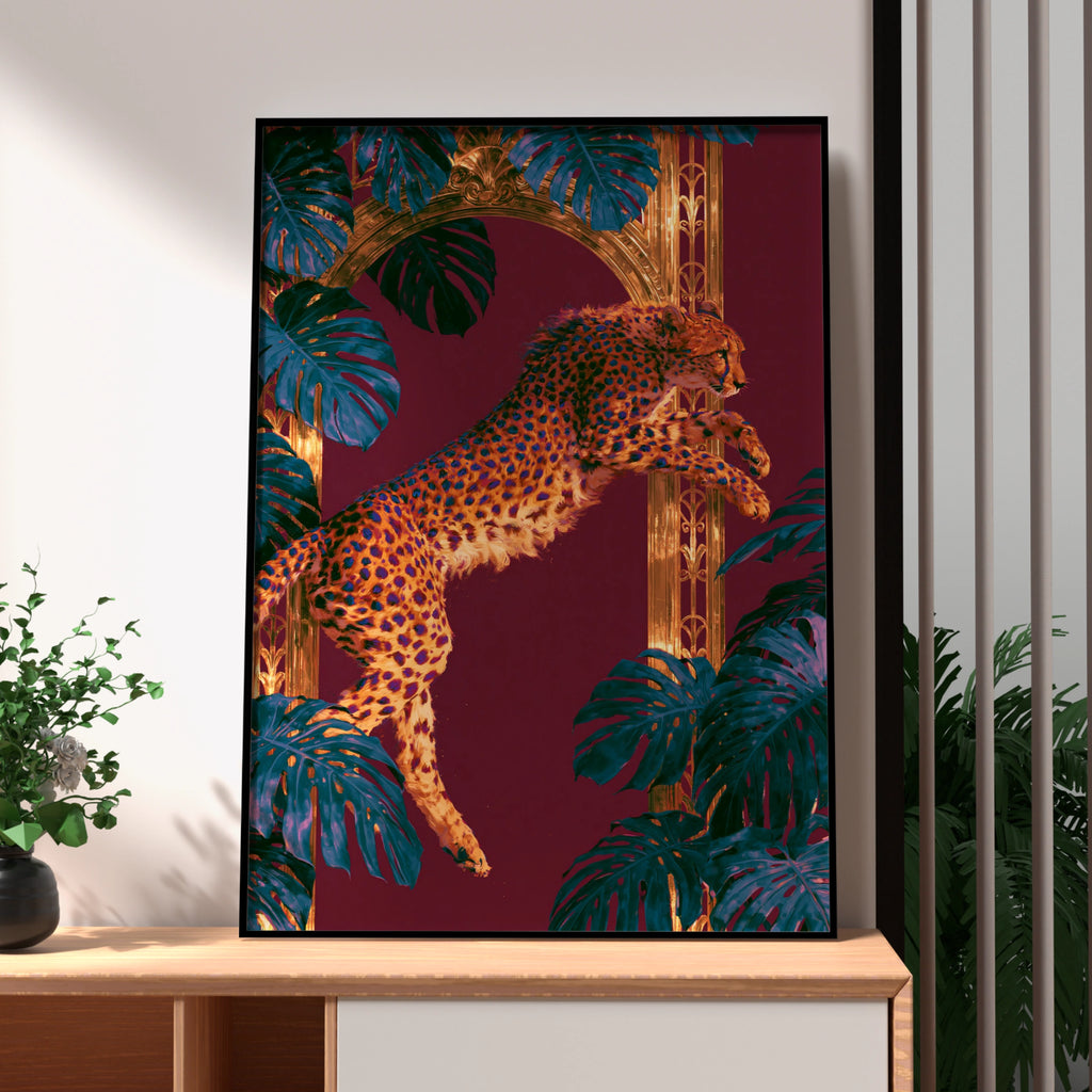 Leaping Cheetah Poster, Art Deco Jungle Wall Art, Bold Maximalist Print